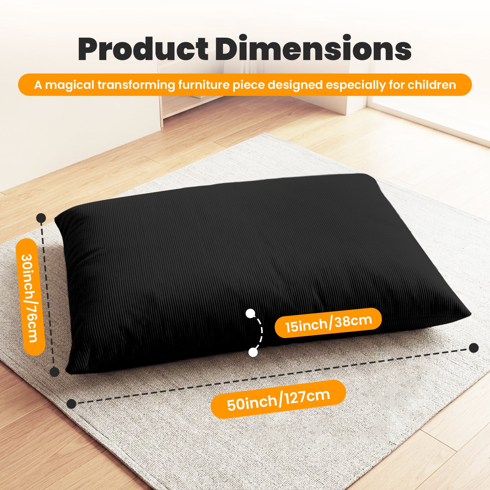 CATGOOD 3-in-1 Bean Bag Chair for Kids, Convertible kids chair with Skin Friendly Fabric for Living Room, Bedroom, Black