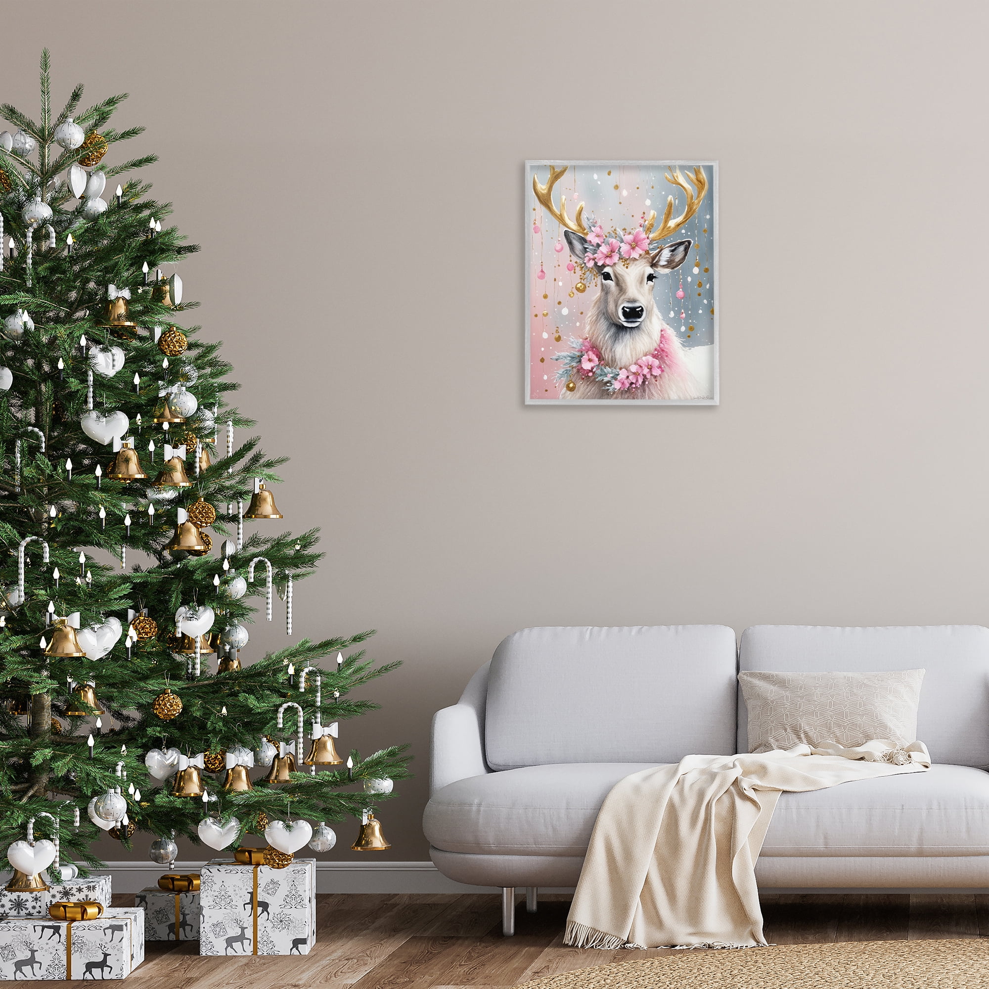 Stupell Industries Pink Floral Festive Reindeer Holiday Painting Gray Framed Art Prints Wall Art, 24 x 30
