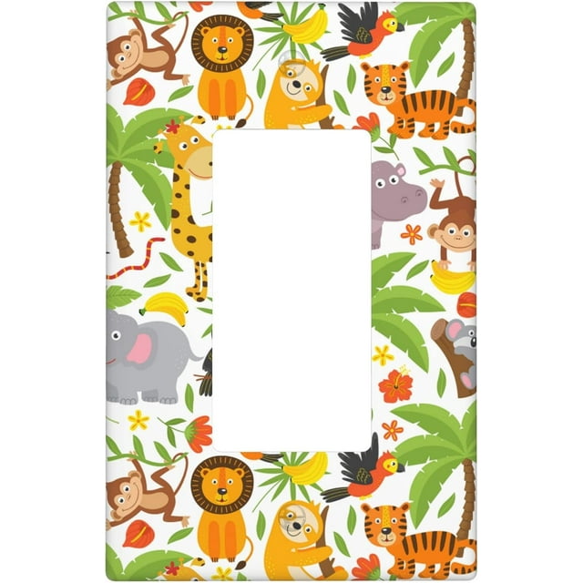 Jungle Animals 1-Gang Rocker Wall Plate Cover,Decorative Single Rocker Decorator Light Switch Cover For Kids Teens Boys Girls Room Decor 4.50" X 2.76"Inch