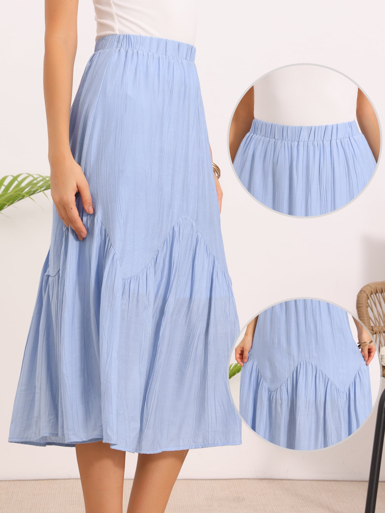 DARING DIVA Women's Boho Beach Flowy Tiered Long Skirts Small Light Blue