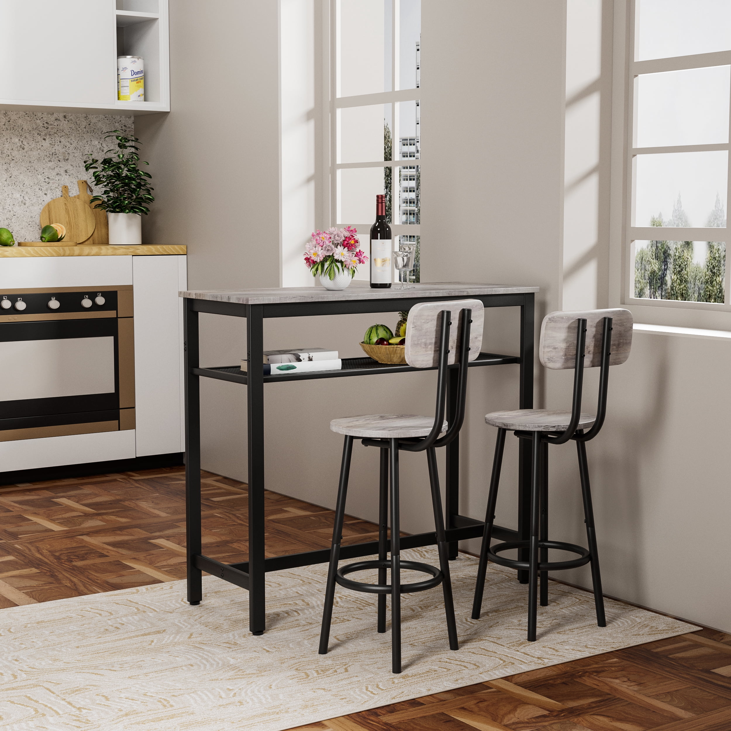 3-Piece Bar Table Set,Bistro Kitchen Table Sets with Metal Frame & Storage Rack,Modern Counter Height Table with 2 Stools for Kitchen, Dining Room, Living Room,