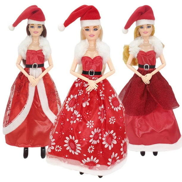 Santa Hat Set 11 Inch Dress Up Fashion Barbie Doll Princess Dress Kids Christmas Girl Toys 3pcs