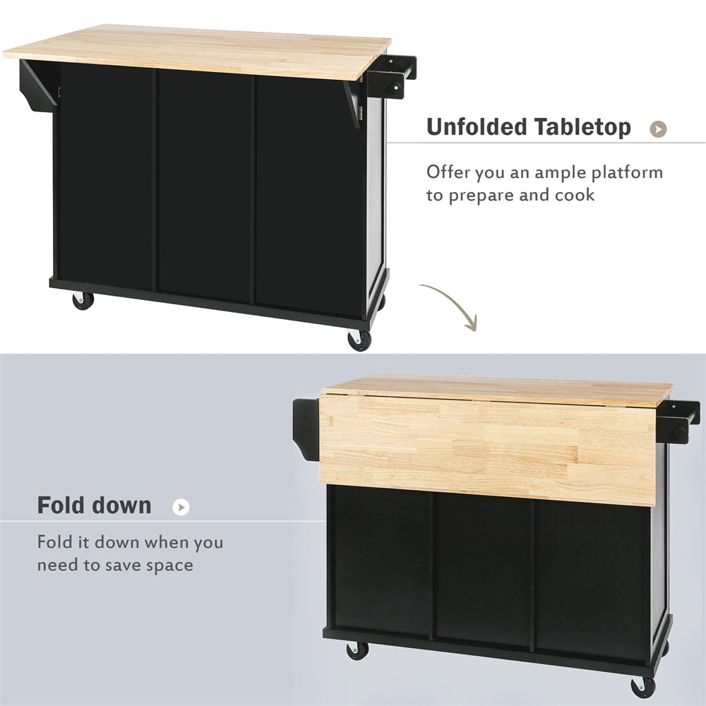 53.1" Kitchen Island Cart with Large Tabletop and Locking Wheels, Kitchen Trolley Cart with 4 Doors Cabinet & 2 Storage Drawers, Spice Rack & Towel Rack, Rolling Kitchen Island Cart, Black