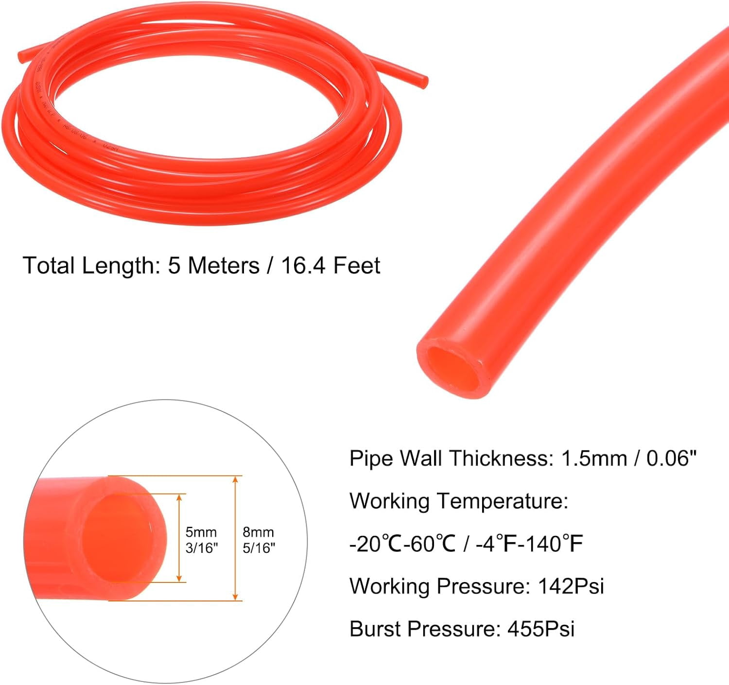 MKEUDQ-Pneumatic Tubing Pipe Pu Hose 8mm OD x 5mm ID 5 Meters(16.4 FT) Air Compressor PU Polyurethane Line Hose Tube for Air Compressor Water Fluid Transfer, Red