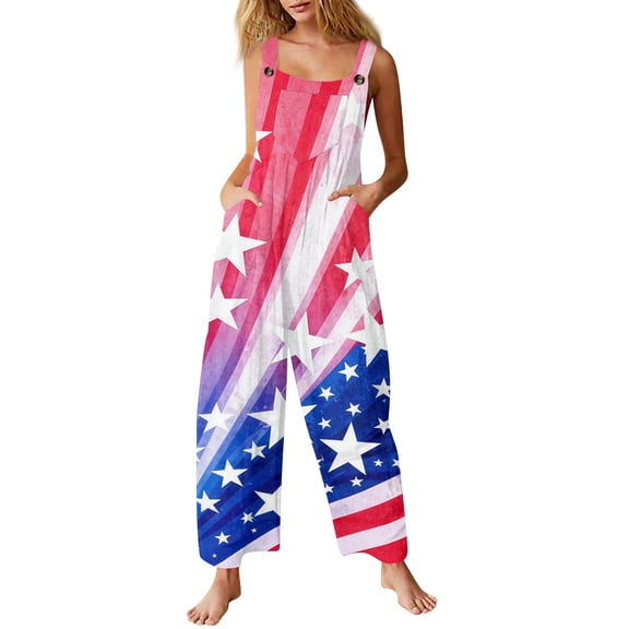 JULMCOMO 4th of July Jumpsuits for Women USA Flag Cotton Linen Red White Blue Overalls 250th Year Sleeveless Button Straps 1776 Jumpsuits with Pockets Red XL