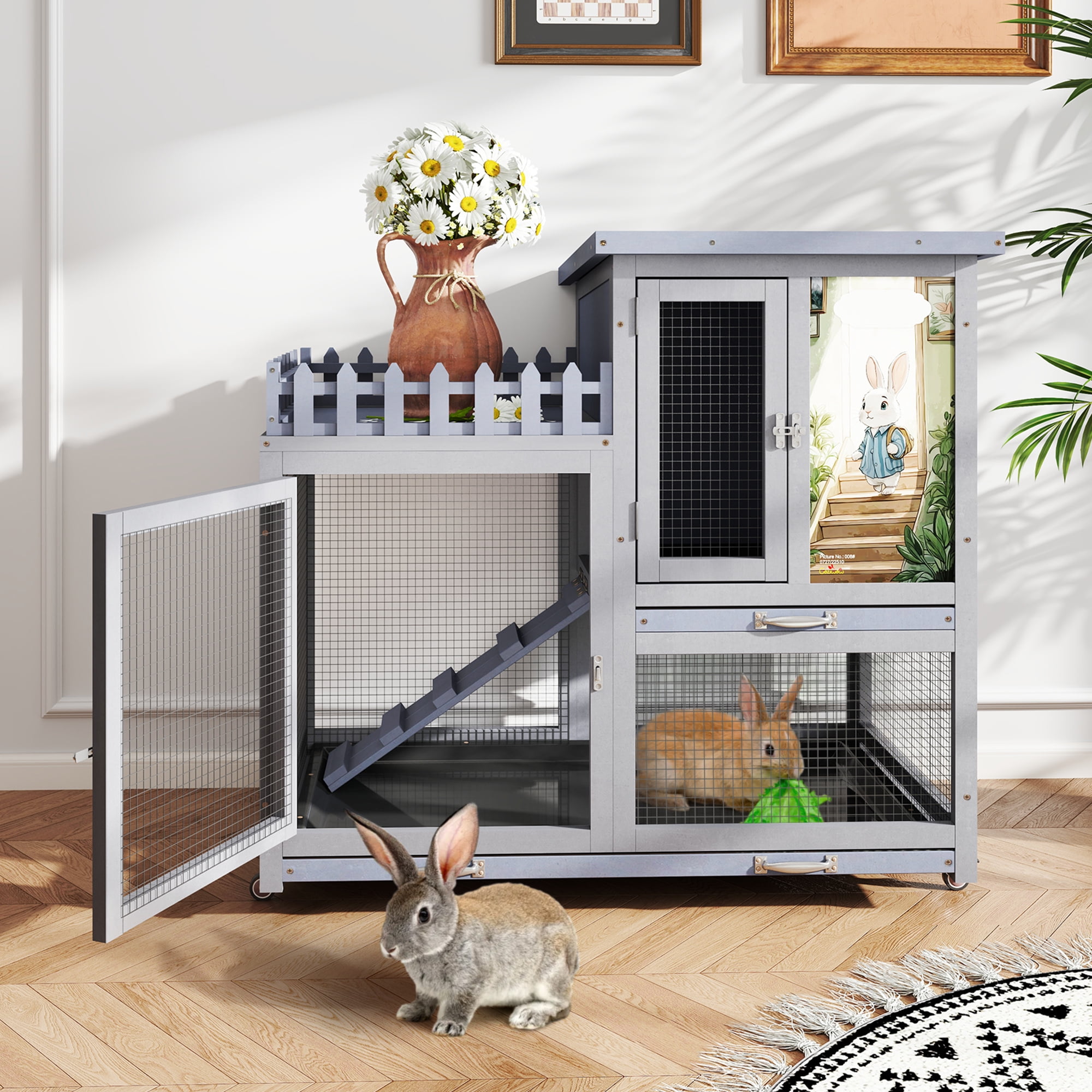 Coziwow Wooden 38inches Rabbit Hutch Bunny Cage Small Animal House with Wheels Indoor&Outdoor, Gray
