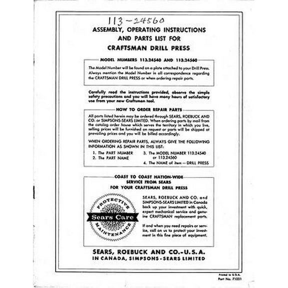 Instruction Manual ONLY for Craftsman 113.24540 & 113.24560 Drill Press Instructions REPRINT