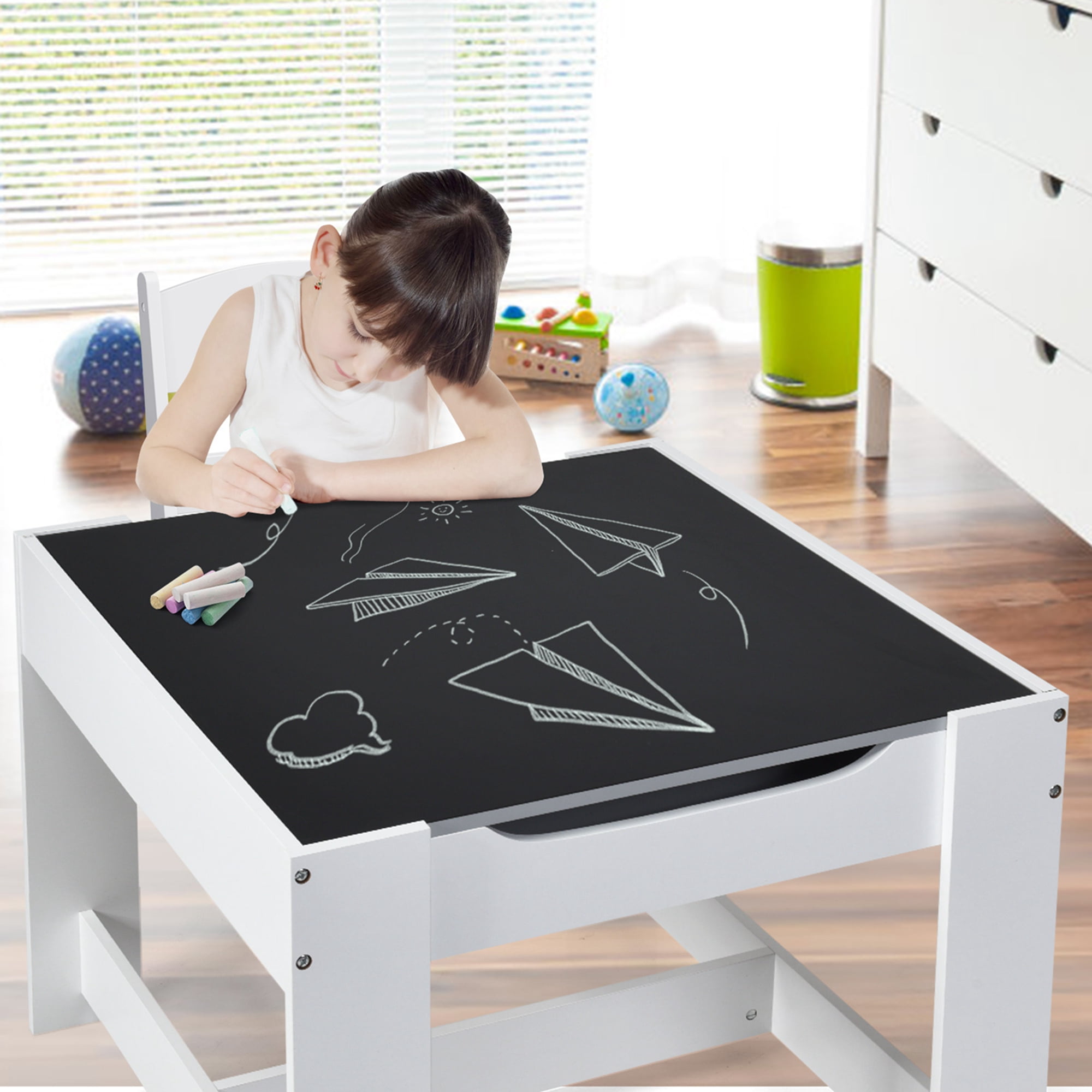 Costway Kids Table Chairs Set With Storage Boxes Blackboard Whiteboard Drawing Grey
