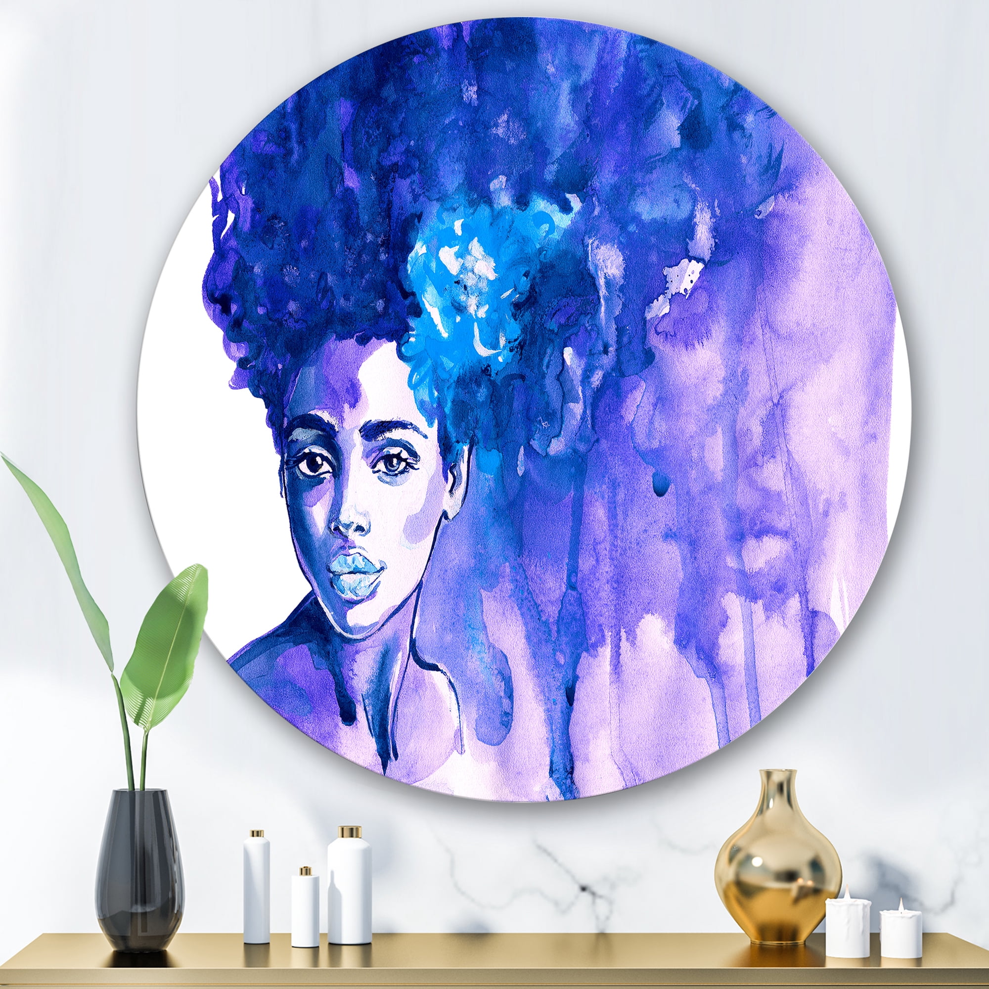 Designart 'Glorious Blue Portrait of Afro American Woman' Modern Circle Metal Wall Art 36x36 - Disc of 36