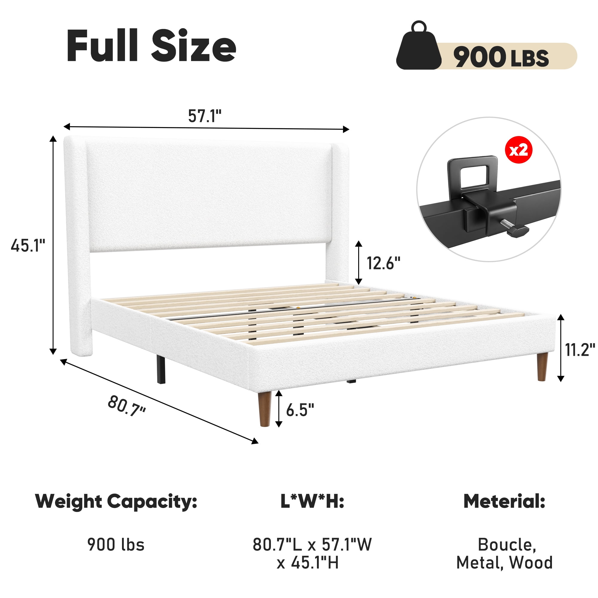 Frostbloom Full Size Boucle Upholstered Platform Bed Frame with Wingback Headboard, White
