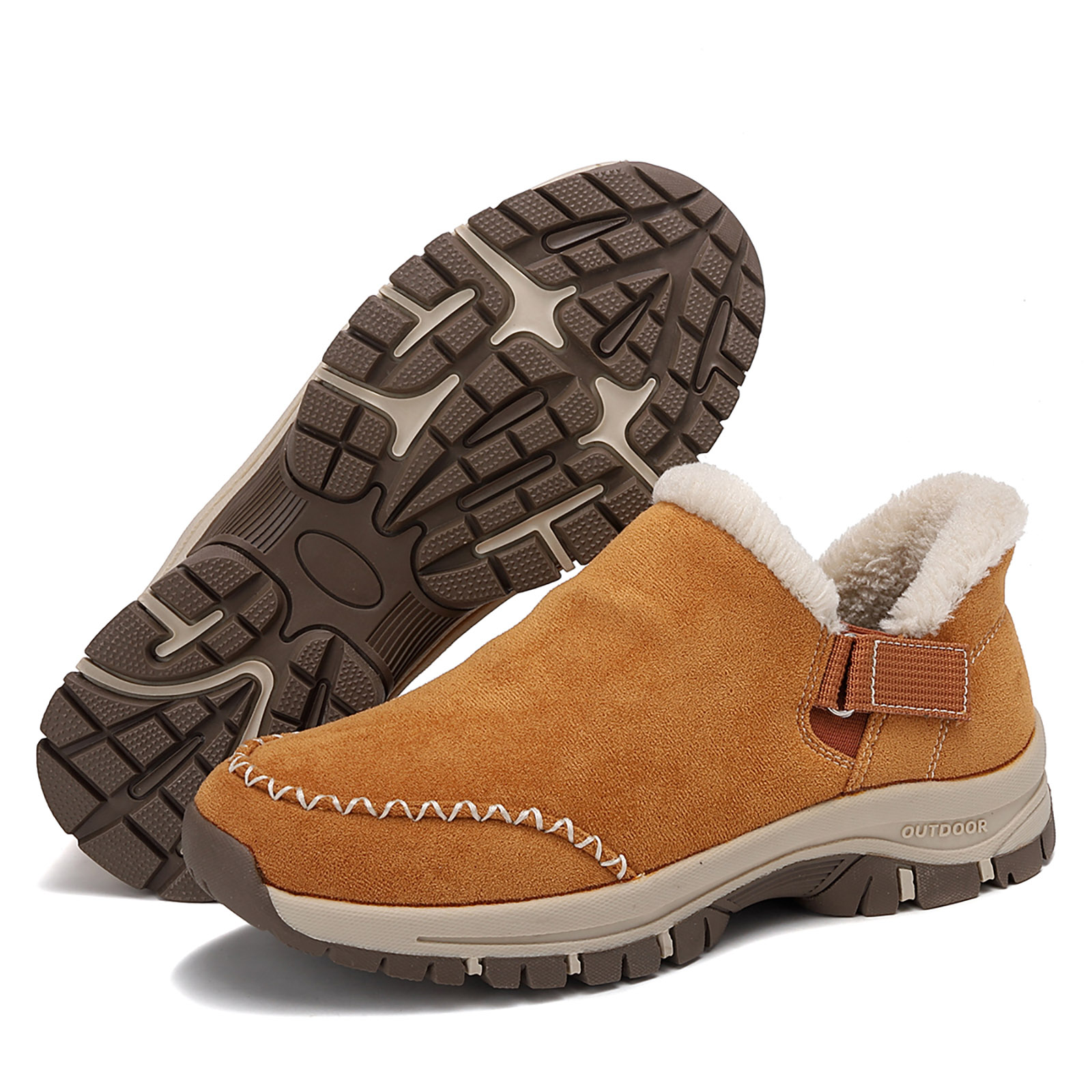 Dakaela Womens Winter Snow Boots Fleece Lined Hiking Slip on Loafers Sneakers Outdoor Plush Short Booties Shoes Brown 6.5