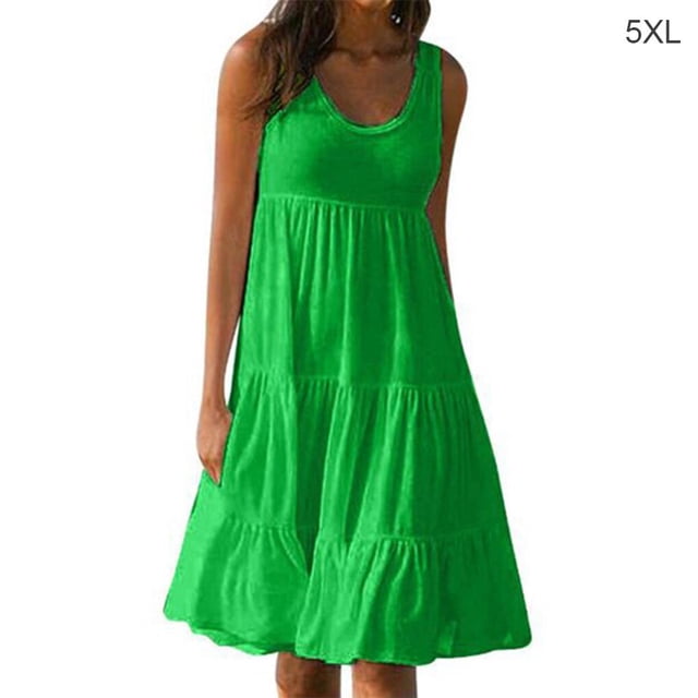 Robe Femme Col Rond Robe à Bretelles Fille Sans Manches Plage Femme Robe de Plage Vêtements Ronds, Vert, 5TG