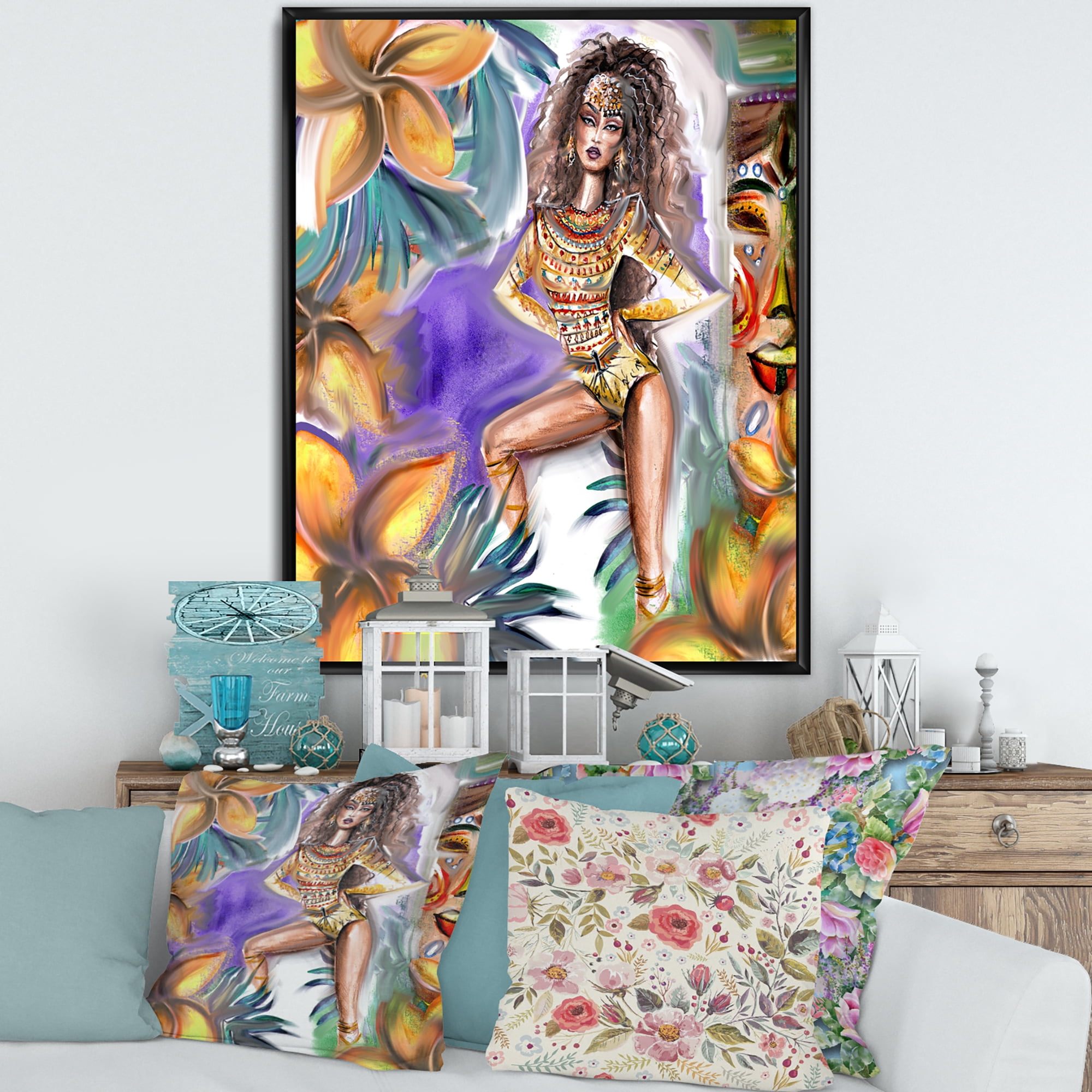 Designart 'Tropical Amazon Warrior Woman ' Traditional Framed Canvas Wall Art Print