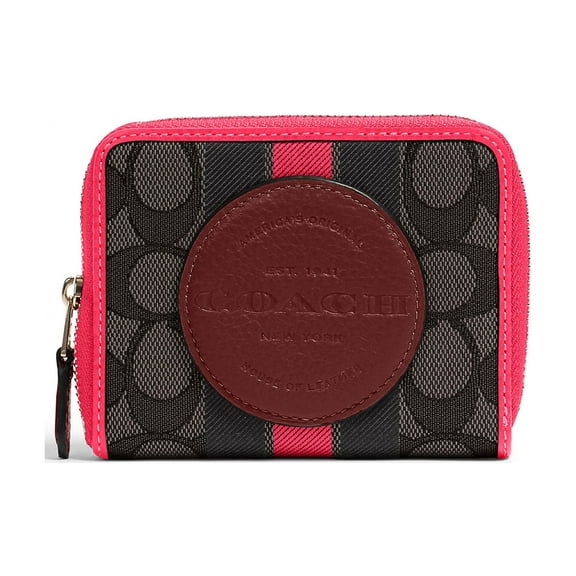Coach Women's Dempsey Small Zip Around Wallet in Signature Jacquard with Stripe and Coach Patch (Black/Wine Multi)