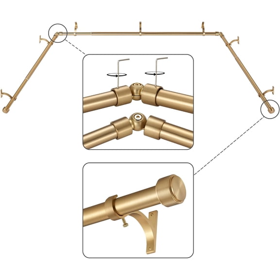 Warm Gold Bay Window Curtain Rods with Aluminum End Cap Finials and Brackets,Adjustable 36-72 Inch Center Rod for windows (24-68’’), 20-36 Inch Side Rods for windows (16-32’’),1 Inch Diameter