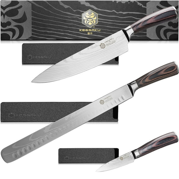 Kessaku 12-Inch Slicing Carving & 8-Inch Chef & 3.5-Inch Paring Knife Set - Samurai Series - Forged High Carbon 7Cr17MoV Stainless Steel - Pakkawood Handle with Blade Guards