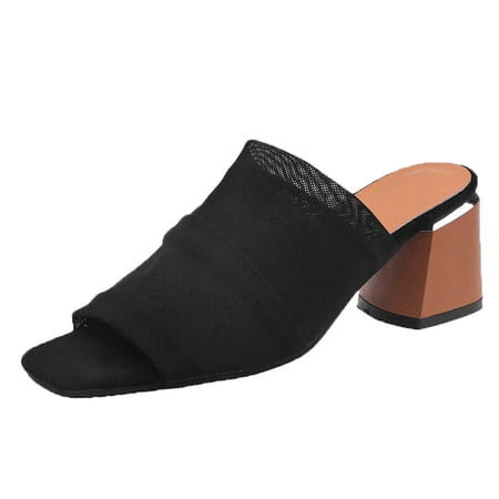 

Juebong Women s Chunky Heels Sandals Casual Dress Peep Toe High-heeled Slippers Comfy Slip On Slides Shoes Black 7