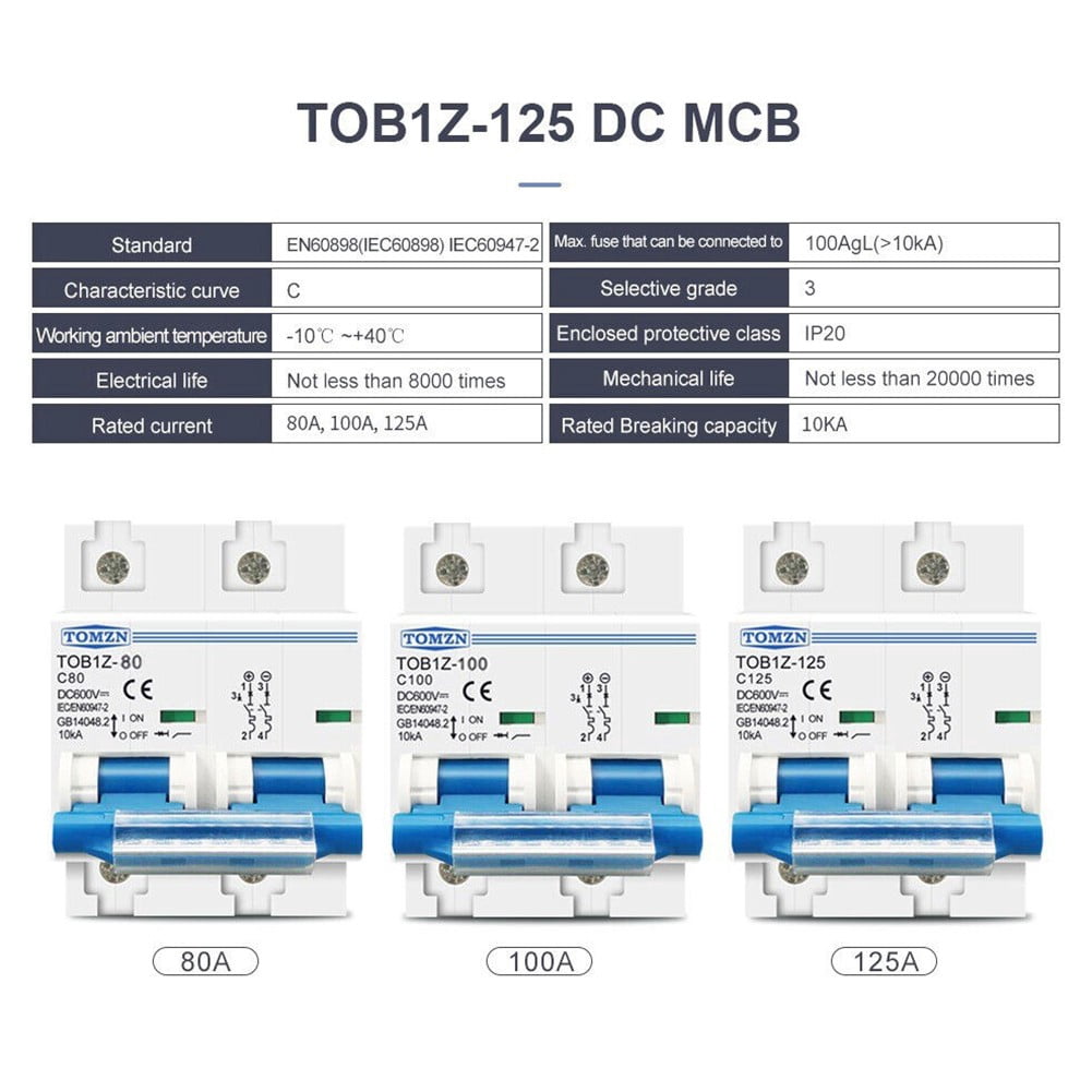 DC MCB for Solar PV 2P 125A 100A 80A 600V Circuit breaker PV System Battery