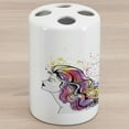 thumbnail image 1 of Hair Salon Ceramic Toothbrush Holder, Line Art Work Drawn Hair Model on Soft Rainbow Color Ink Splatter Background, Decorative Versatile Countertop for Bathroom, 4.5" X 2.7", Multicolor, 1 of 4