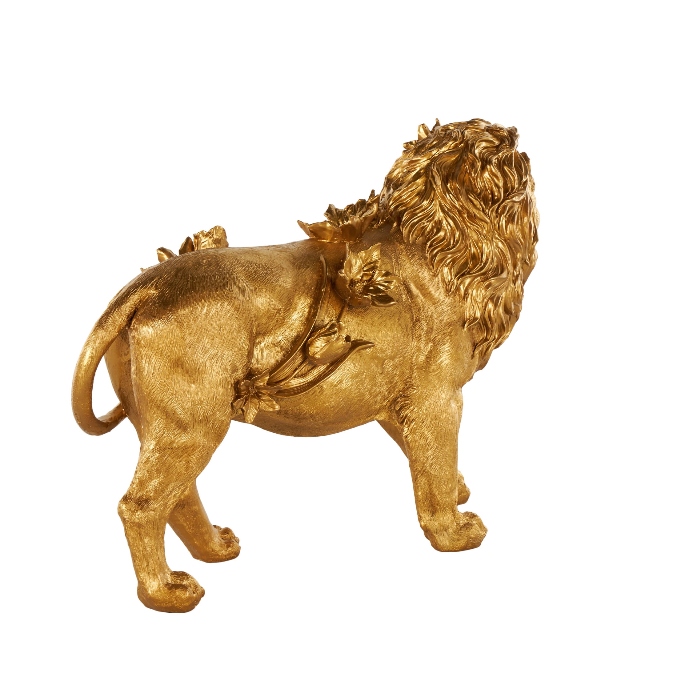 18" x 13" Gold Resin Walking Lion Sculpture with Floral Accents, by DecMode