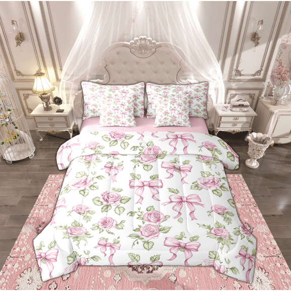 Manfei Kawaii Pink Floral Twin Bedding Sets 7-Piece, Princess Bowknot Rose Bedding Comforter Set, Teens Girls Female Reversible Sheet Sets, Breathable Home Decor