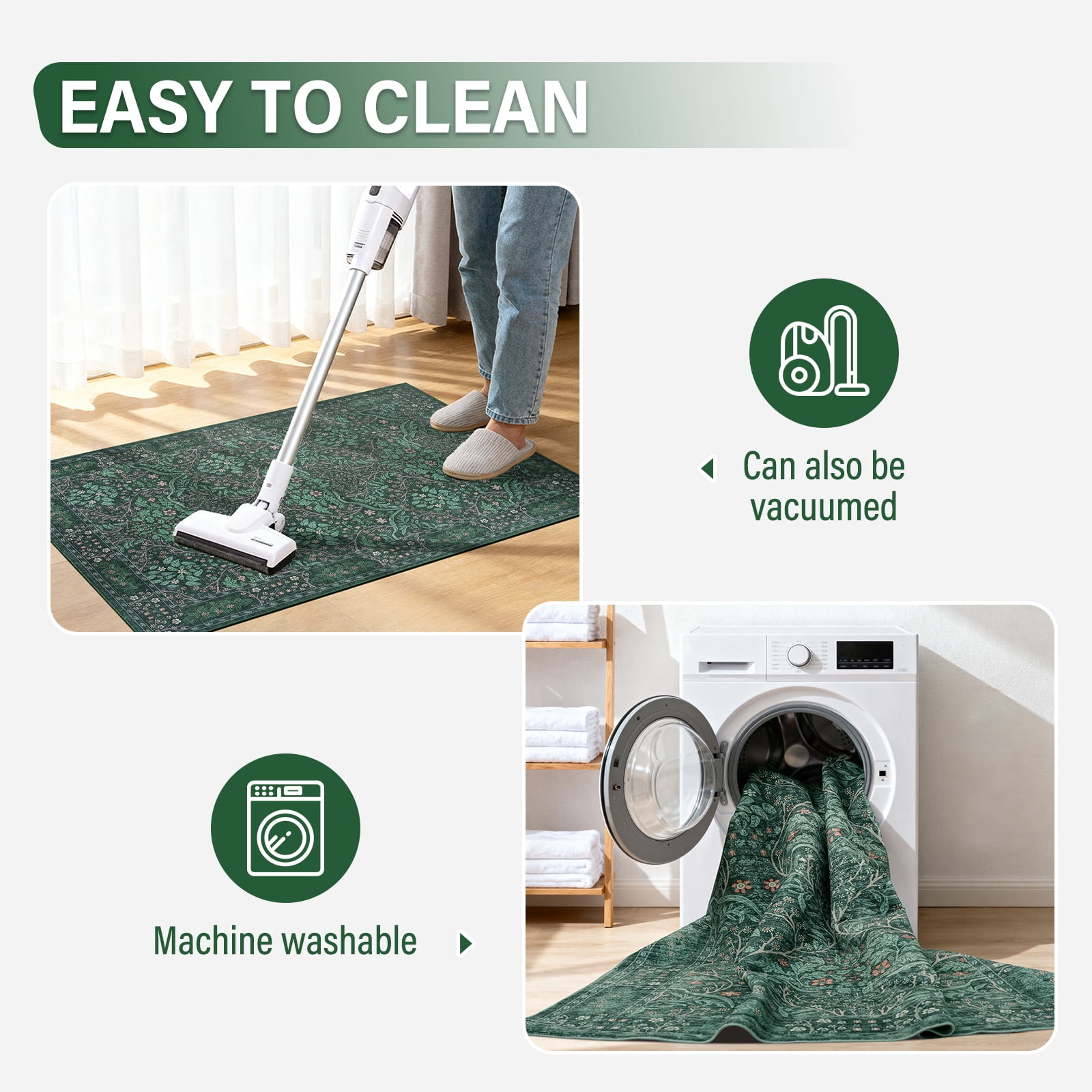 PLEASOR 8'x10' Area Rug for Living Room, Green Washable Area Rugs with Non-Slip Backing, Boho Floral Vintage Carpets Low Pile for Dining Room, Bedroom, Home Office, Indoor, Nursery, Apartment