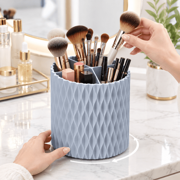 360 Degree Rotating Large Capacity Cosmetic Brush Storage Box, Portable Makeup Organizer with Five Compartments, Washable & Durable Brush Holder for Makeup Tools and Lipsticks Blue