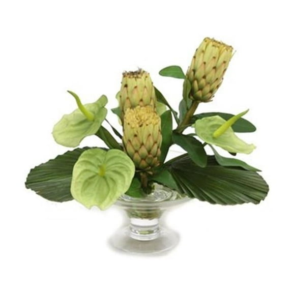 Distinctive Designs 15766A Waterlook Silk Green Anthuriums with Protea and Leaves in a Glass Compote