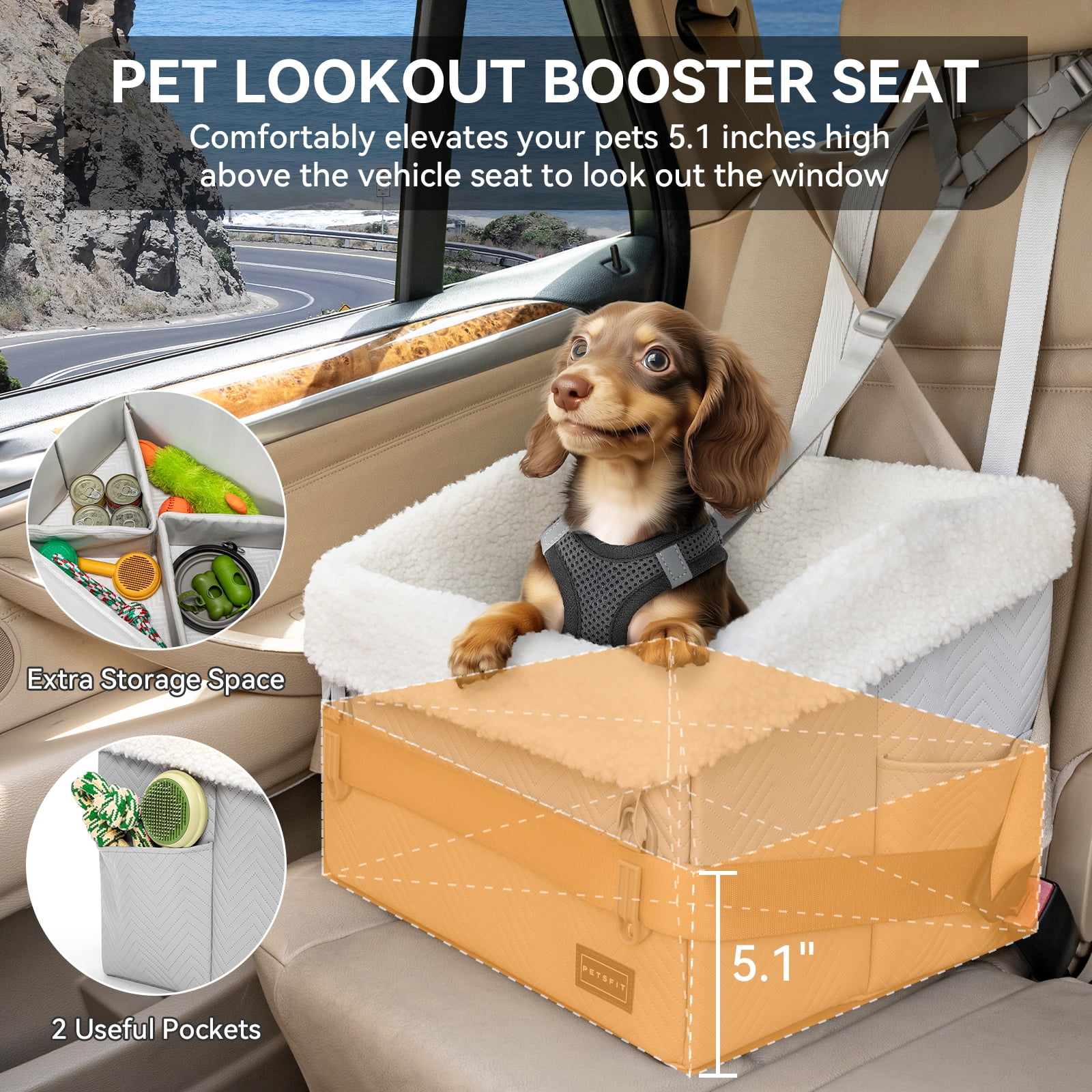 PETSFIT Dog Car Seat, Waterproof PU Leather ,Patented Safe Buckles, Pet Car Seats for Medium or Small Sized Pets,Under 30 lbs ,Grey