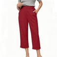 thumbnail image 6 of Women's Casual Solid Cotton Blend 3/4 Length Pants, Elastic Waist Pull-On Trousers with Pockets, Comfortable Mid-Rise Capris for Everyday Wear, Summer Walking, Office, | TruBelle,Red S, 6 of 8