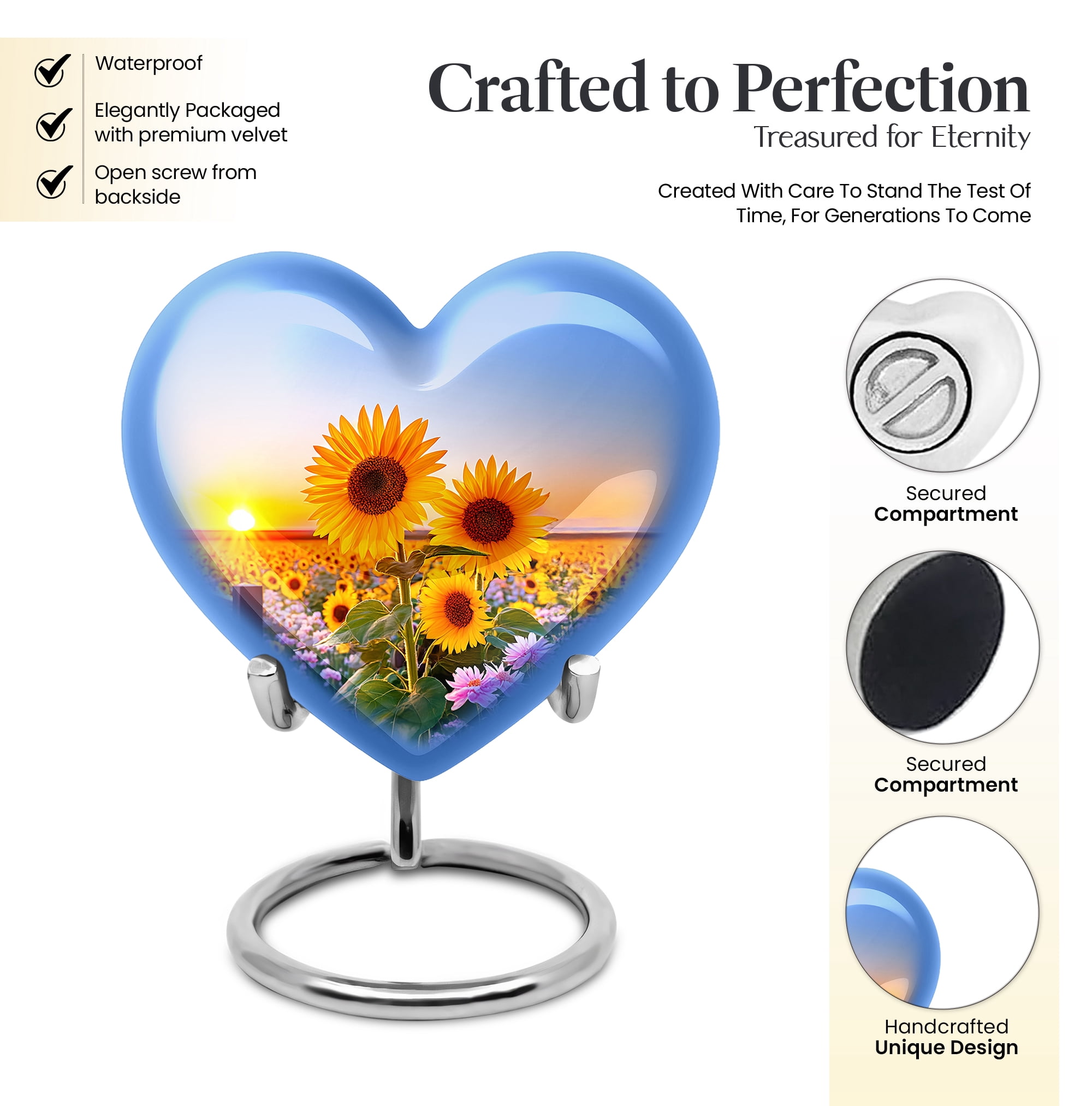 SABURIAL Sunflower Urn - Large Funeral Urn For Human Ashes Adult Female - Combo Of 8 Inch & 3 Inch - Small Keepsake Urns For Human Ashes Adult Man
