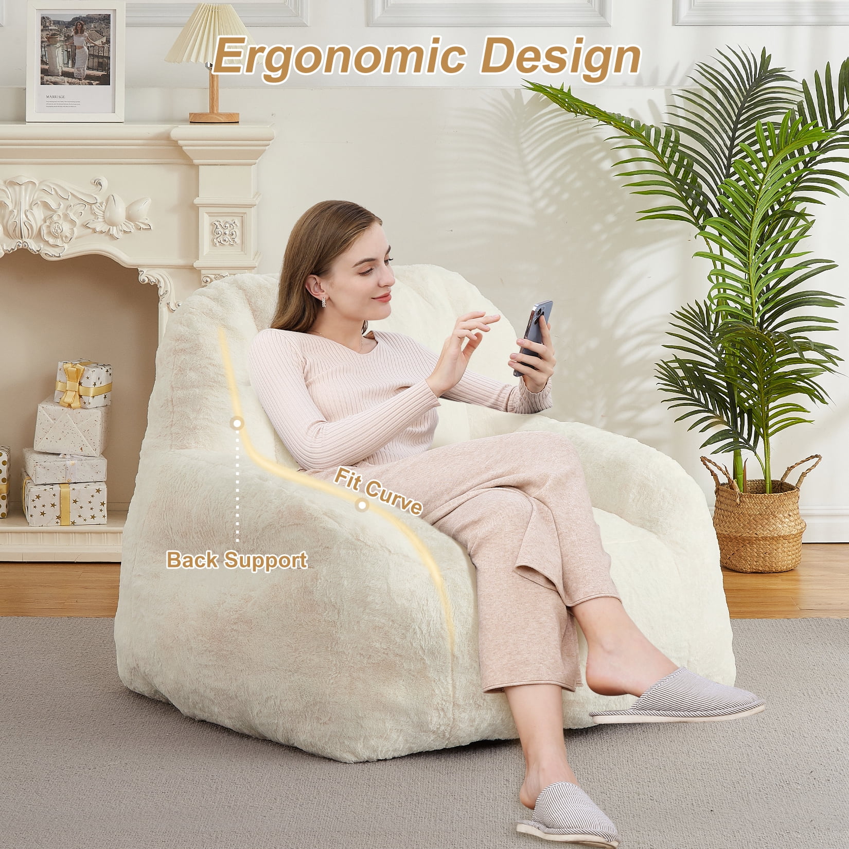 Plush Faux Fur Bean Bag Chair for Adults, Extra Large Filled Floor Sofa with Handle, Cozy Lounge Seat for Home, Beige