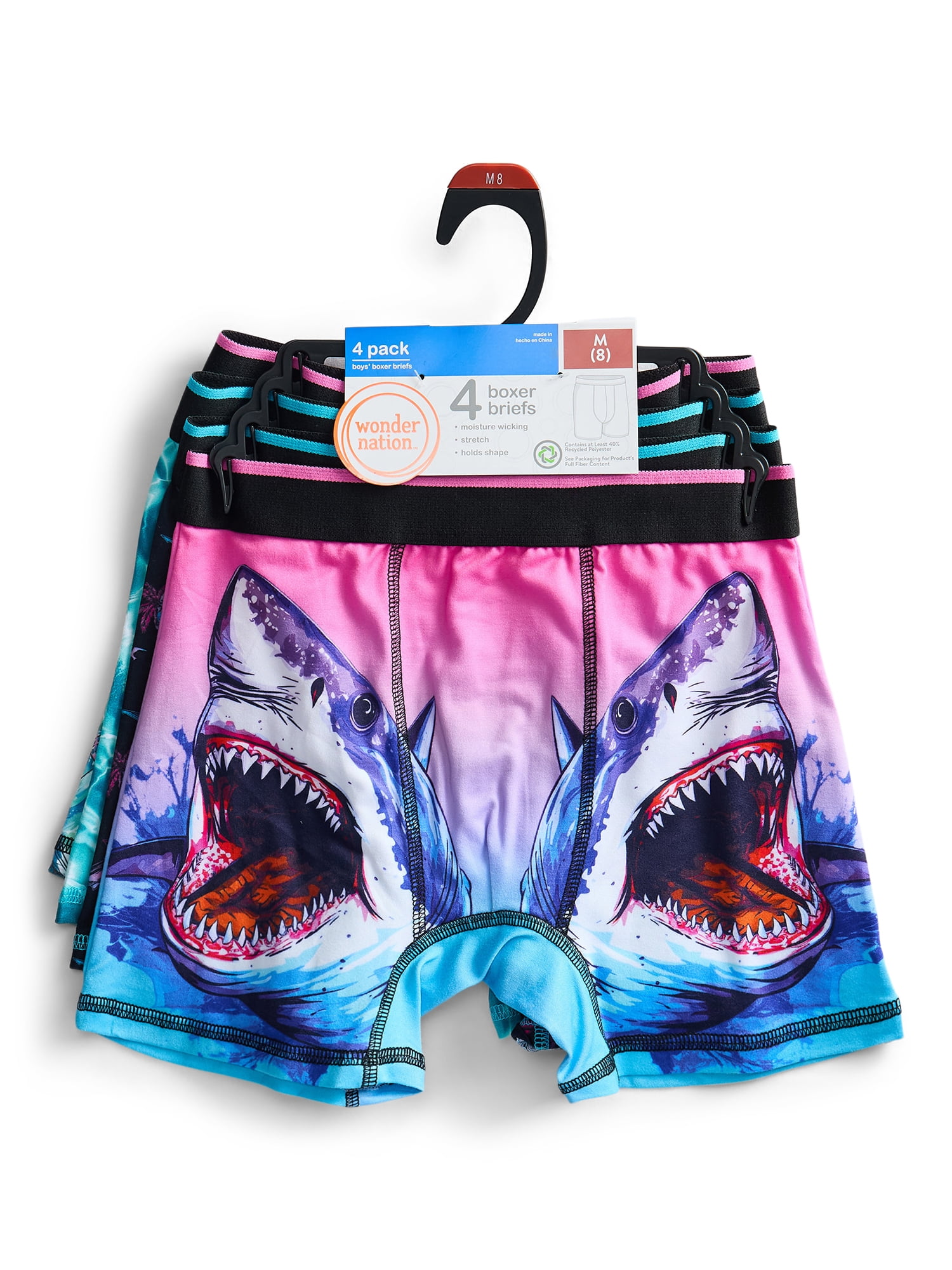Wonder Nation Boys Underwear Shark Print Boxer Briefs, 4-Pack, Sizes S-XL