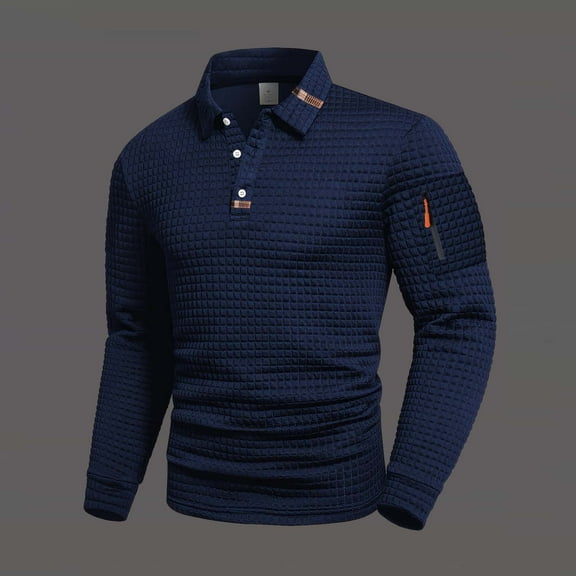 Handshe Men's Checkered Polo Shirt, Long Sleeve Solid Color with Button Front Collar, Casual Outdoor Wear for Daily Use and Travel