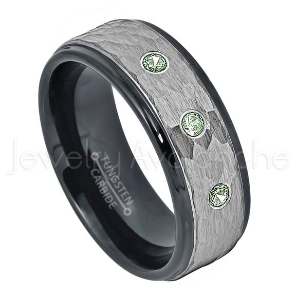 2-Tone Hammered Tungsten Ring - 0.21ctw Alexandrite 3-stone Band - Personalized Tungsten Wedding Ring - Custom Made June Birthstone Ring TN708BS