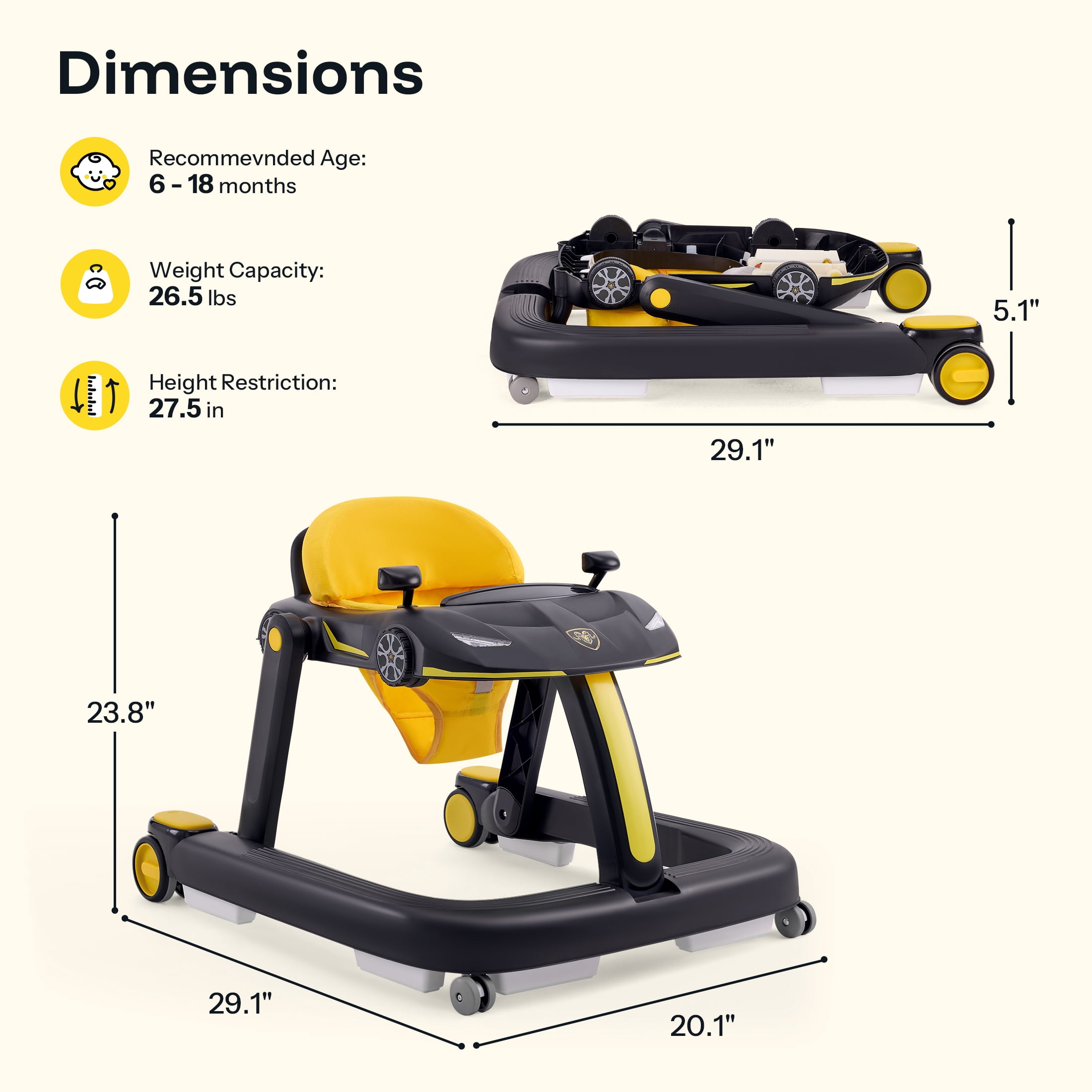 HARPPA Baby Walker for Babies 6-18 Months, Foldable Activity Push Walker, Black
