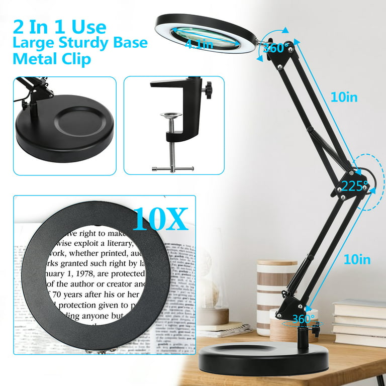  HITTI 10X Magnifying Glass with Light and Stand, 2-in-1 LED  Lighted Magnifier Large Base & Clamp, 3 Color Modes Stepless Dimmable  Magnifying Lamp, Adjustable Swing Arm for Repair Crafts Soldering 