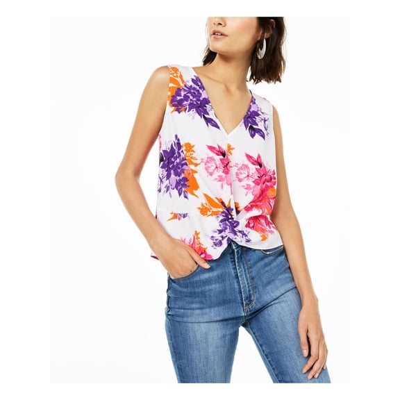 BAR III Womens White Twist Front Floral Sleeveless V Neck Top Size: L