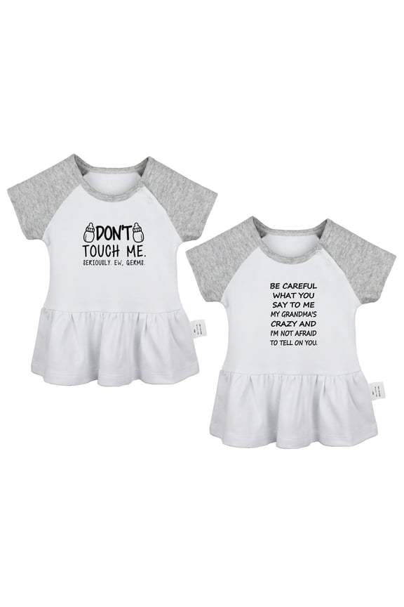 Pack of 2, Don't Touch Me & My Grandma's Crazy And I'm Not Afraid To Tell On You Funny Dresses, Newborn Baby Skirts, Infant Princess Dress, Toddler Frocks (Gray Raglan Dresses, 6-12 Months)