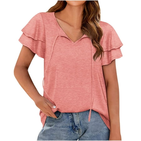 

kakina CMSX Graphic Tees for Women Trendy Fashion Solid V-Neck Summer Ruffle Sleeve Shirt Loose Fit Casual Blouses Sexy Casual Pink XXL
