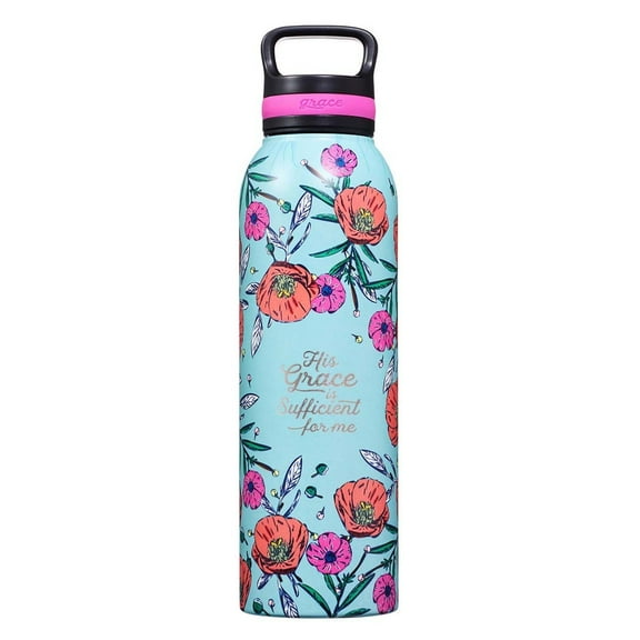 Christian Art Gifts Stainless Steel Double Wall Vacuum Insulated Water Bottle for Women: His Grace is Sufficient - 2 Corinthians 12:9 Inspirational Verse w/Carry Handle Lid, Teal Multi Floral, 24 oz.