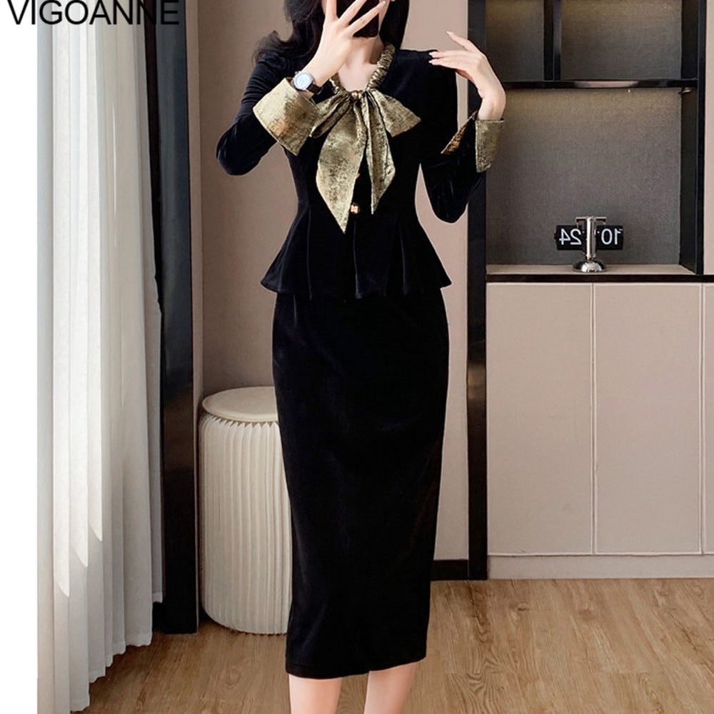 VigoAnne 2025 Woman Black Fake two Dress Spring Autumn Long Sleeve