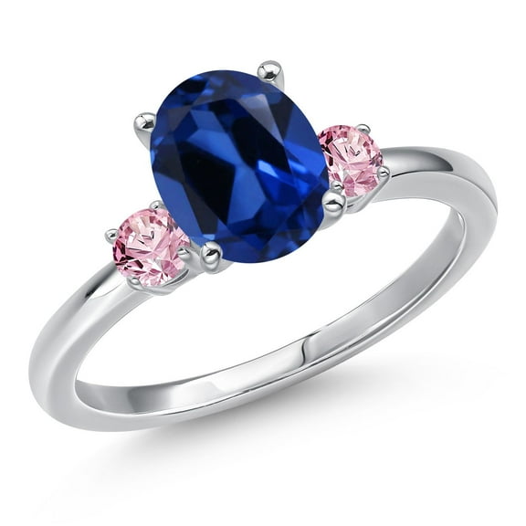 Gem Stone King 14K White Gold Blue Created Sapphire and Pink Lab Grown Diamond Engagement Ring for Women | 2.56 Cttw | Oval 9X7MM | Gemstone September Birthstone | Size 8