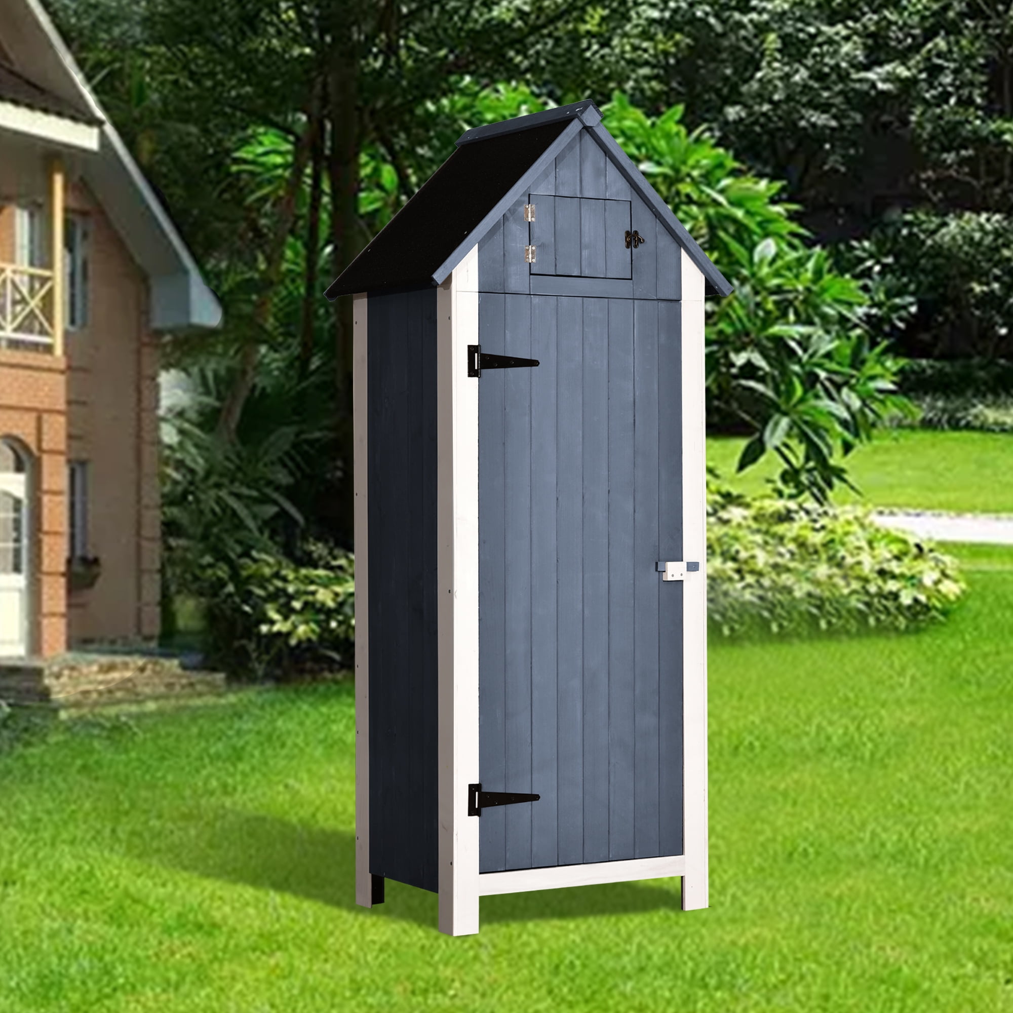 Gray Fir Wood Outdoor Storage Shed with Shelves and Windows