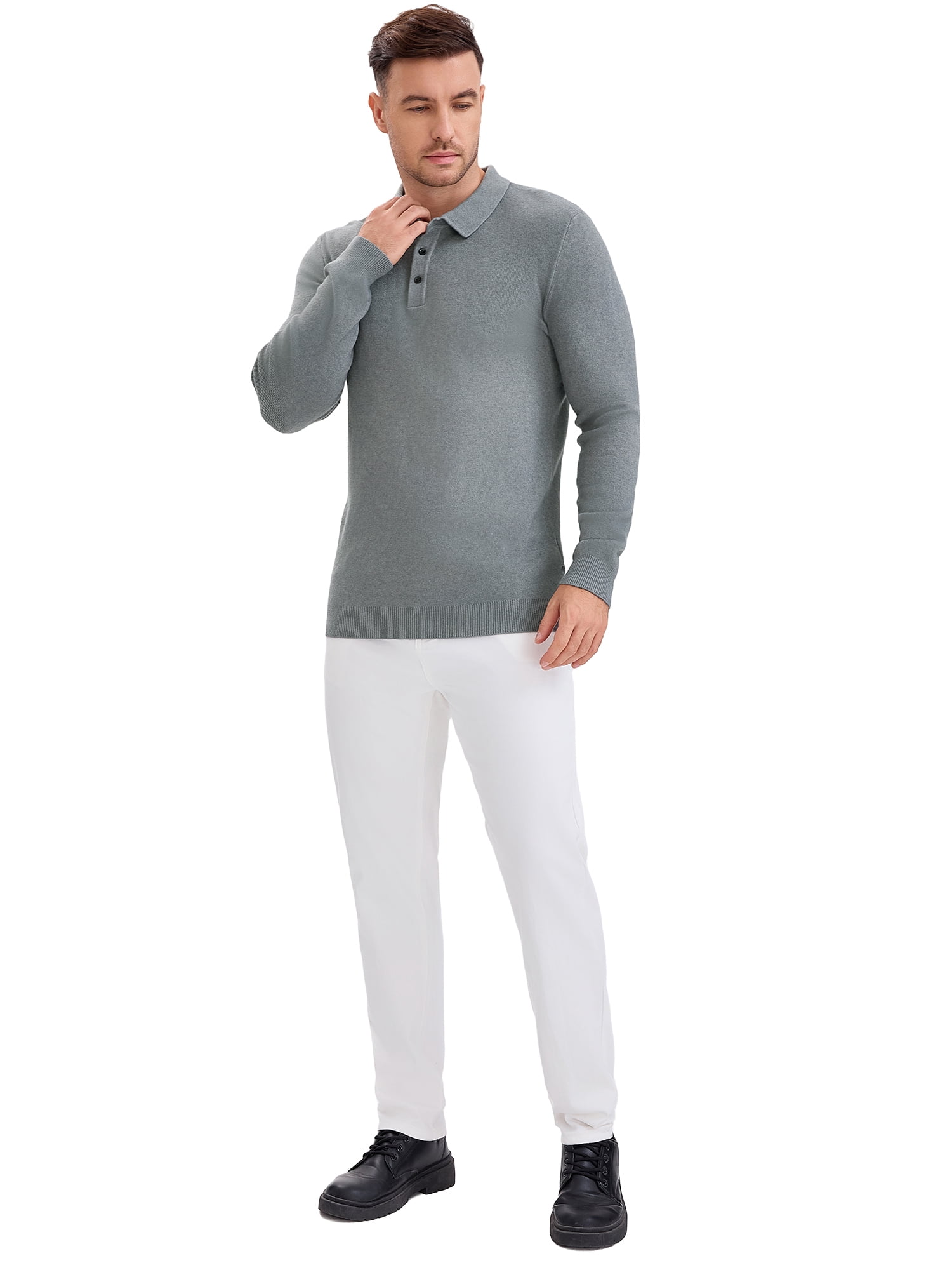 DARING DIVA Men's Long Sleeve Pullover Business Knitted Polo Shirt L Gray