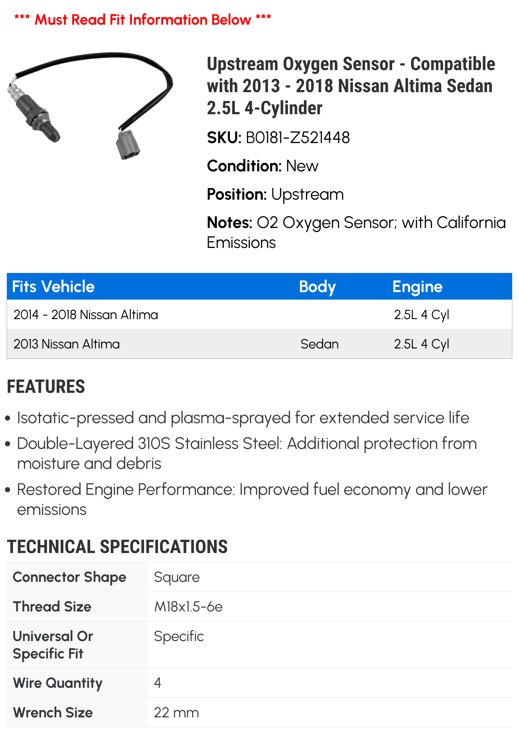 Upstream Oxygen Sensor - Compatible with 2013 - 2018 Nissan Altima Sedan 2.5L 4-Cylinder 2014 2015 2016 2017