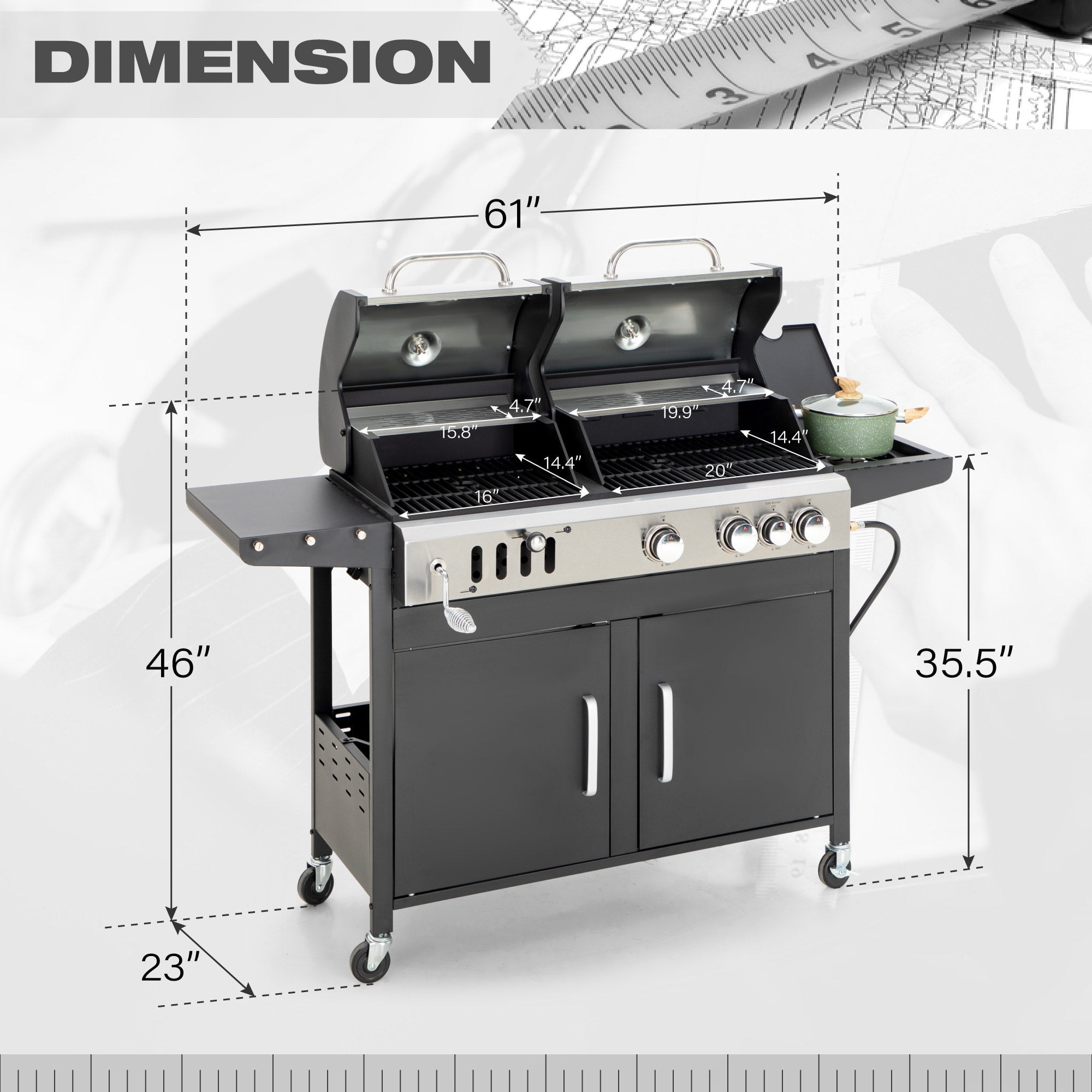 Alpha Joy Dual Fuel Gas and Charcoal Grill Combo with 3 Burners and Side Burner