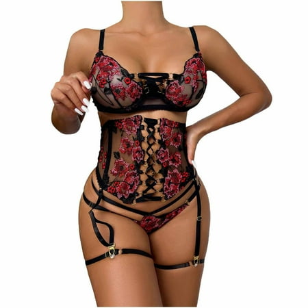 

JeashCHAT Sexy Lingerie for Women Erotic Lingerie3-Piece Set Of Mesh Splicing Straps With Steel Rings With Garter Belt Sexy Set