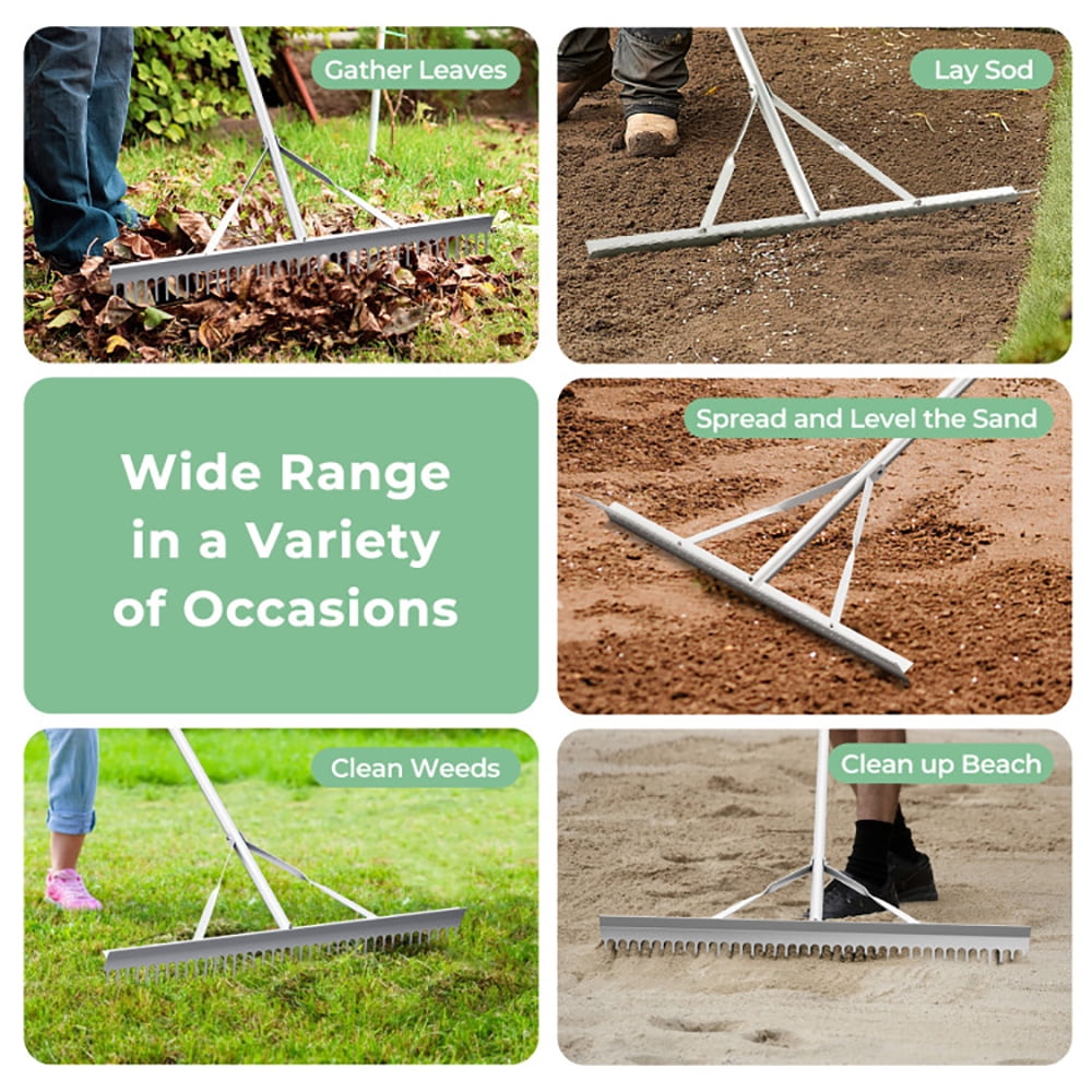 Yardi Yard Aluminum Rake with 36" Wide Rake Head and 68" Long Handle, Rolling Lawn Aerator, Rotary Spike Lawn Aerator