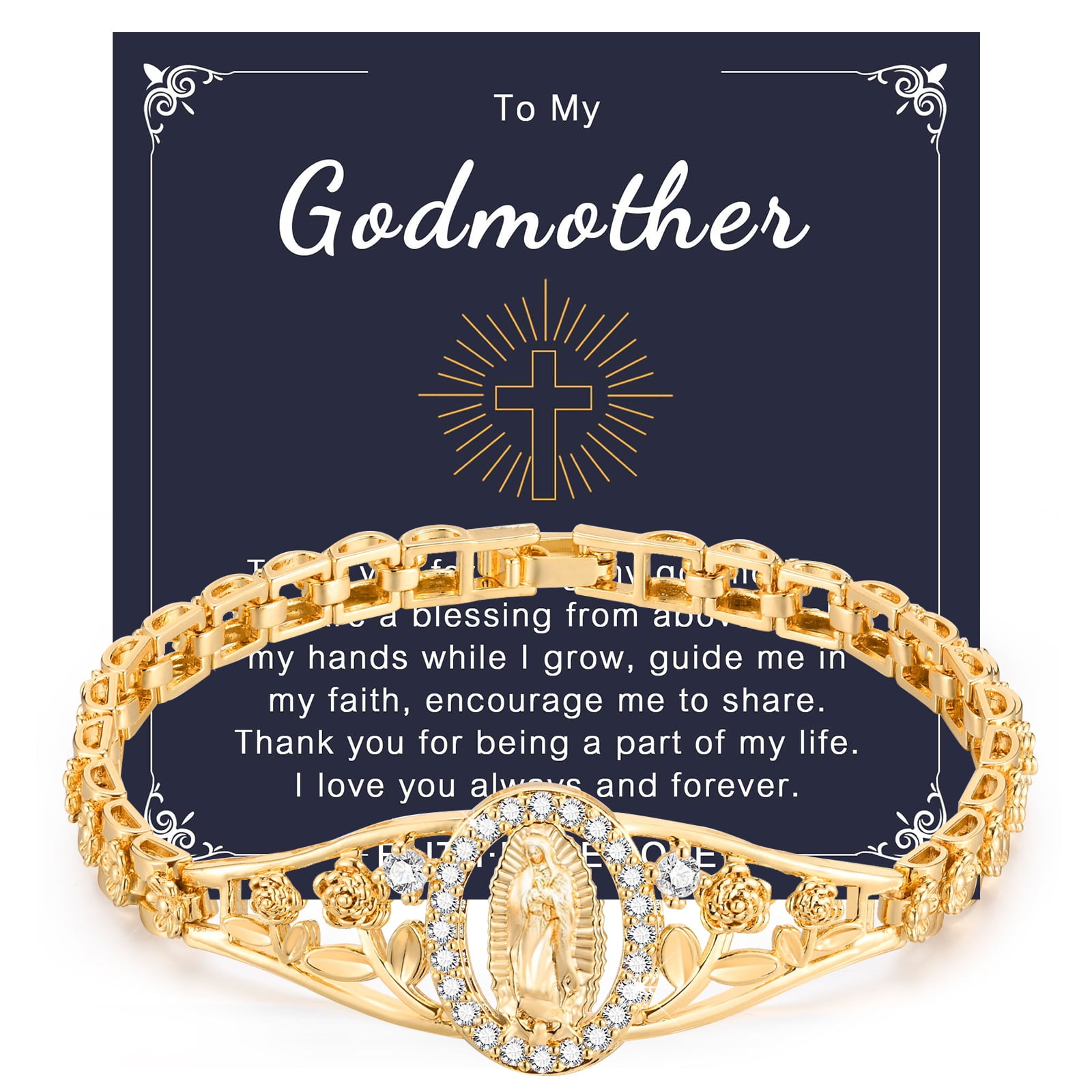 Gold Catholic Bracelet for Women, To My Godmother 14k Gold Plated Hypoallergenic Non Tarnish Bracelets, Dainty Cubic Zirconia Religious Baptism Virgin Mary Bracelets Gifts for Her